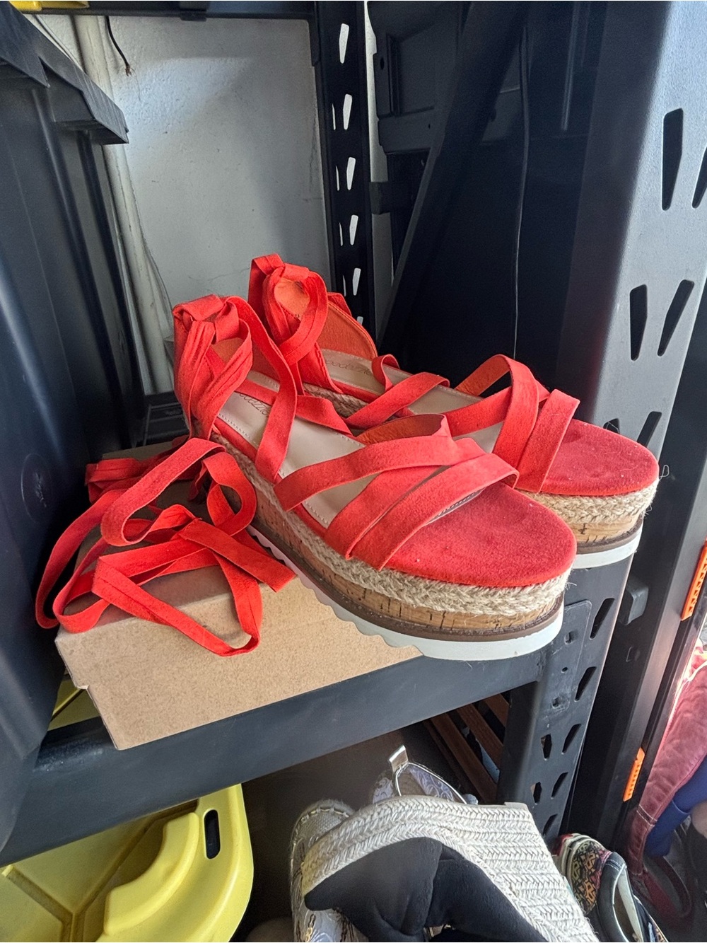 Shoe Dazzle Red Suede Espadrille Platform Sandals with Ankle Wrap